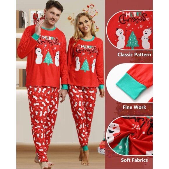 Men’s Large Christmas Pajama Set 2pc Long Sleeve Pj Snowman Tree Sleepwear NEW - Picture 2 of 6
